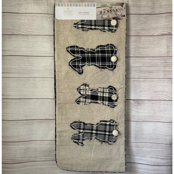 Sigrid Olsen Home Beige and Black Buffalo Plaid Easter Bunny Table Runner 14x72 - Picture 1 of 16